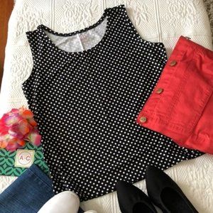 Navy blue or black with white polka dot tank